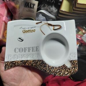 Coffee Cup & Snack Plate - White with Brown Coffee Bean Accent